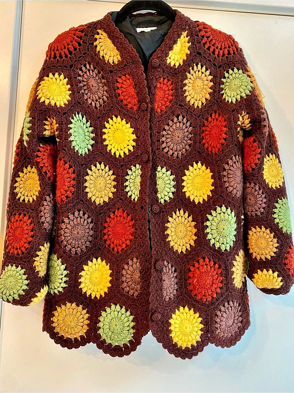 Crochet Floral Cardigan in Brown & Yellow